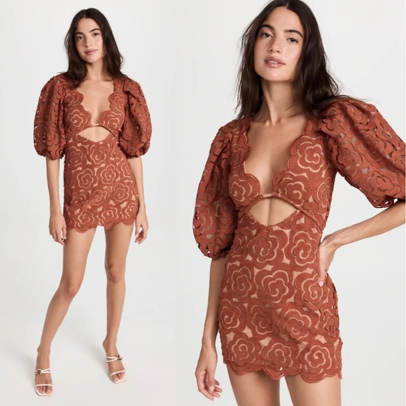 For Love And Lemons Letitia Puff Sleeve Cutout Mini Dress Red Medium Large NWT